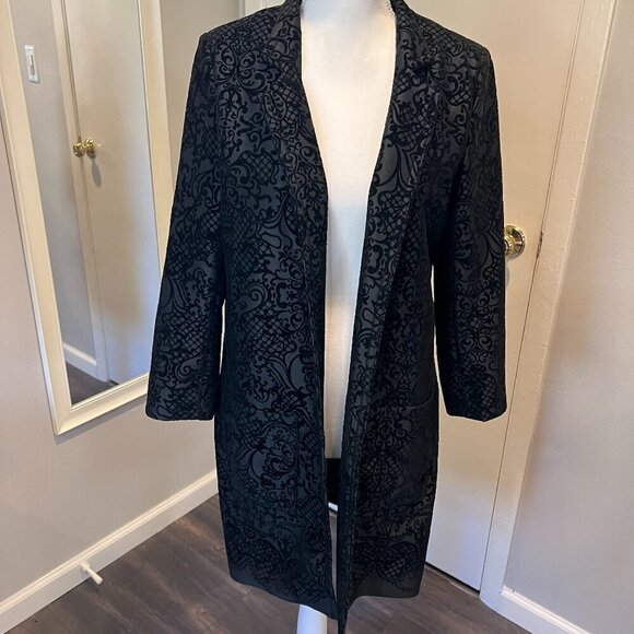 Roz & Ali Black Paisley Burnout Velvet Long Duster Jacket, Size Medium - Picture 1 of 15